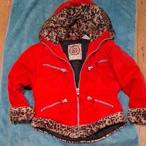 Cozy Red Kids Puffer Jacket with Leopard Trim